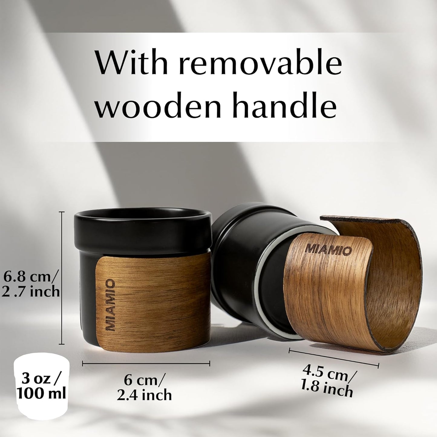 MIAMIO – Espresso Cups Set of 4 (3.5 oz) Japanese Tea Cups Ceramic/Handleless Mug with removable Wooden Cuff/Coffee Cups without Handle (Black)