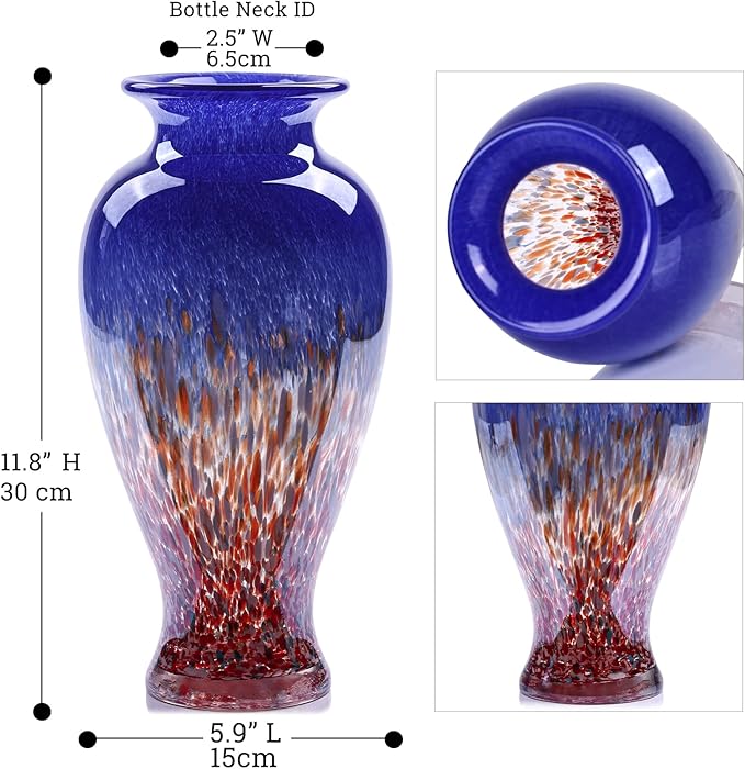 11.8" Tall Blown Blue Glass Vase, Colorful Opaque Glass Vase, Unique Design Wide Mouth Art Decoration for Home, Living Room, Dining Table, Pampas Grass Decor (Blue)