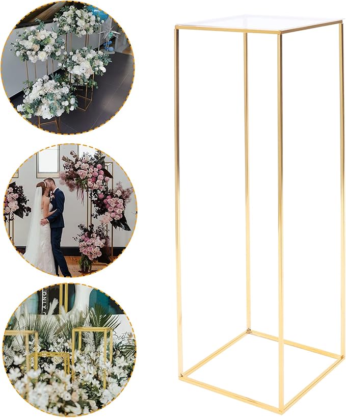 1 Pcs Metal Flower Stand for Wedding Centerpieces Stand Column Vases Wedding Flower Stand Rectangular Geometric Gold Centerpieces Stands for Wedding Decorations Home Party Event (39.37inch)
