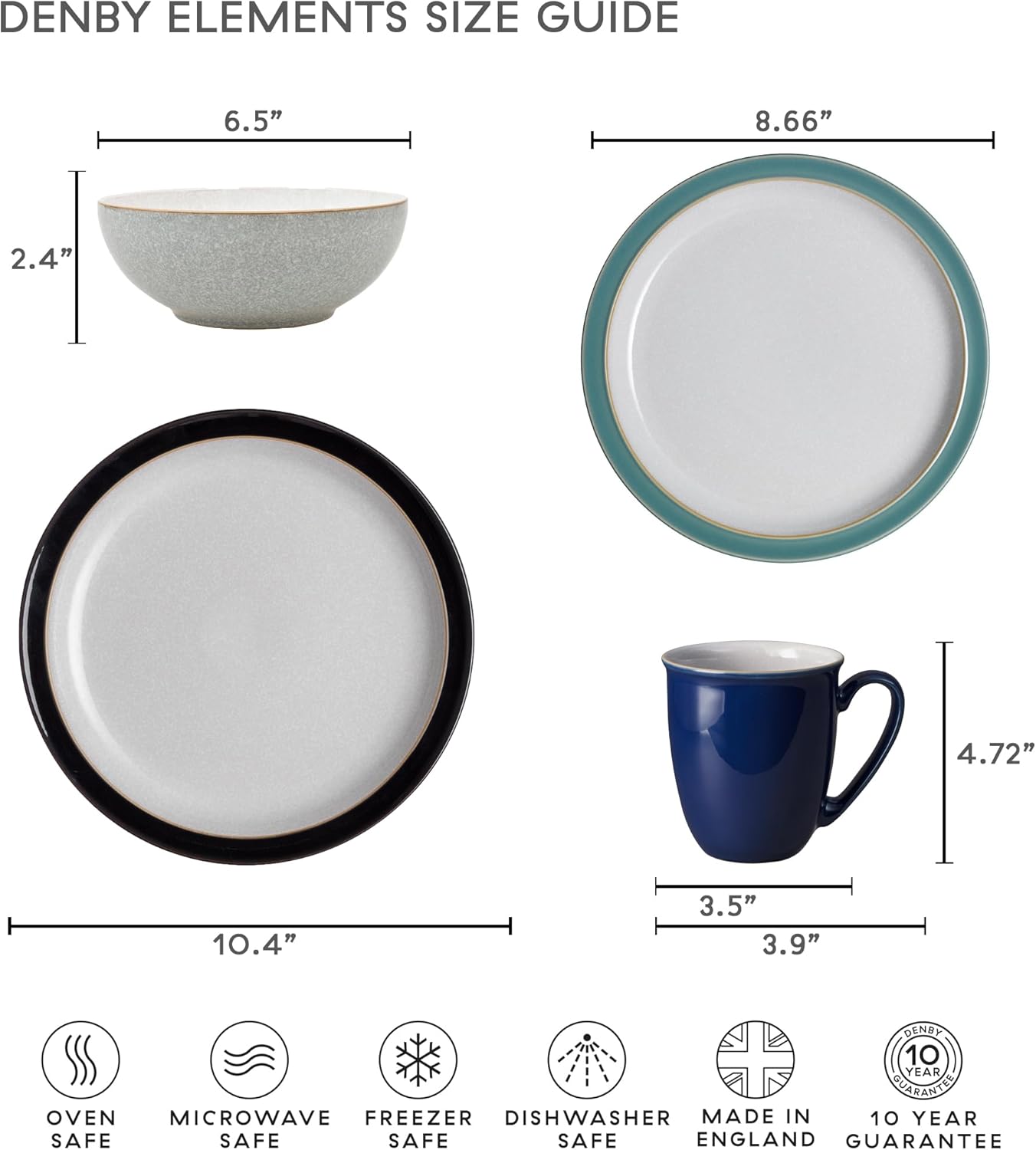 Denby - Elements Black Dinner Plates Set of 4 - Contemporary Design - Ceramic Stoneware Tableware - Dishwasher & Microwave Safe - Scratch Resistant - 10.4in Large Everyday Dinnerware Plates