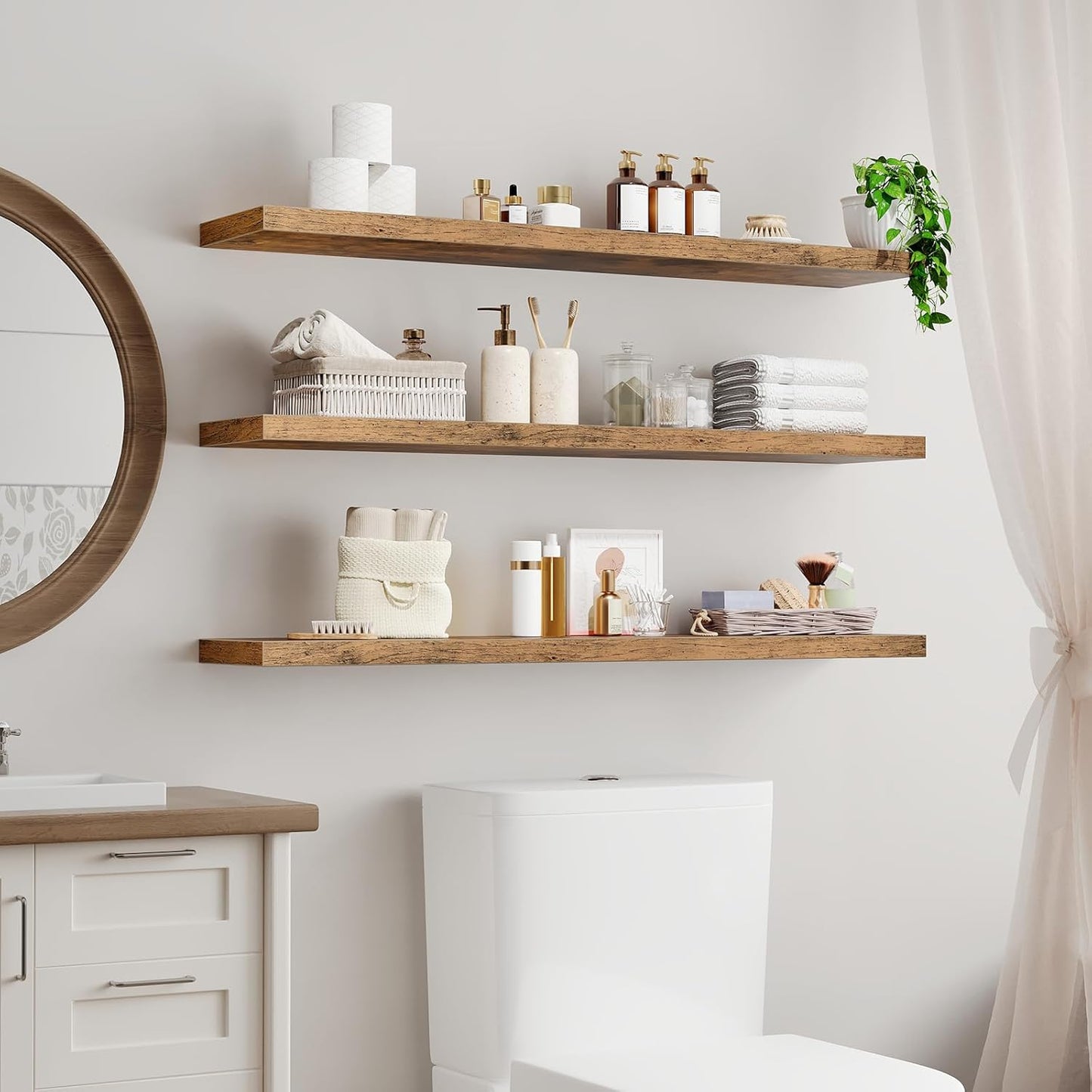 Floating Shelves for Wall, 1.5" Thick Wall Shelf Set of 3 with Invisible Bracket, L47.2 x W7.9 Hanging Shelves Farmhouse Home Decor for Bathroom, Living Room, Bedroom, Rustic Brown 12301BJP3BF
