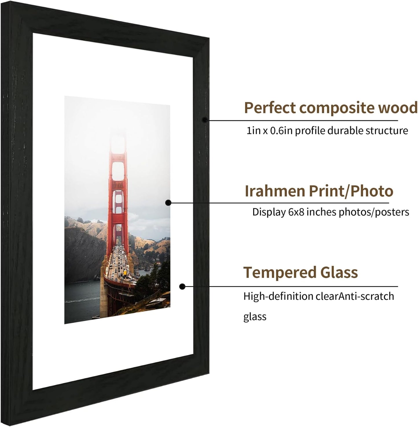 iRahmen 9x12 Picture Frame Set of 2, Black Wood Photo Frame with Tempered Glass, Display Pictures 6x8 with Mat or 9 x 12 without Mat for Tabletop and Wall Mounting
