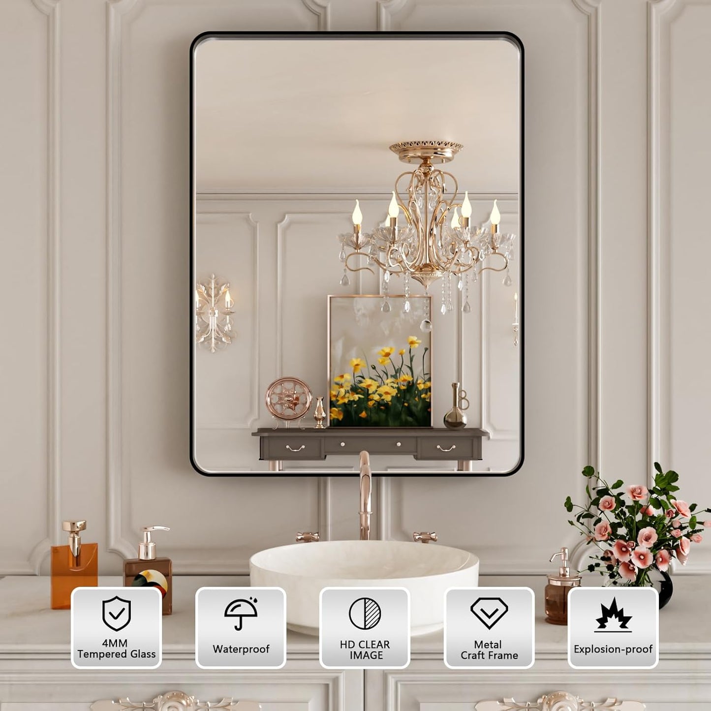 Black Bathroom Vanity Mirror 28x36 Inch,Rounded Rectangle Matte Black Mirror for Bathroom Wall,Tempered Glass,Horizontal or Vertical