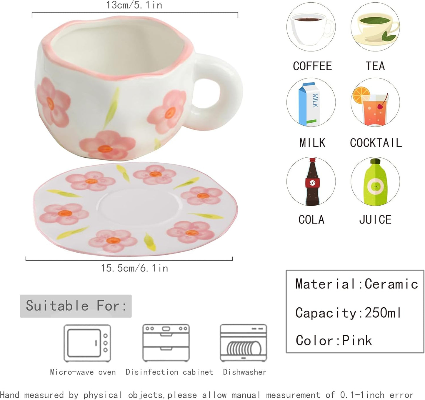 Coffee Mugs Set with Saucer Cute Flowers Cup Gifts for Women Birthday Tea Coffee Mug with Coaster 250 ML Ceramic Cup Birthday Gift for Women Girls Mom Friend Coffee Mug Tea Cup Saucer Set