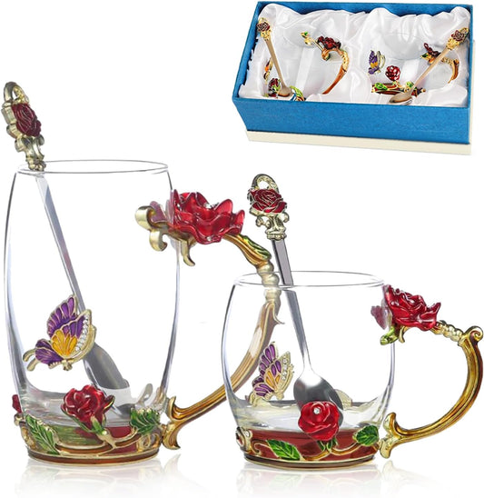 Glass Fancy Tea Cup Set Birthday Christmas Valentine's Day Gift Idea for Tea Lover and Women Novelty Coffee Mugs Rose Flower Enamel Glass Mug with Spoon
