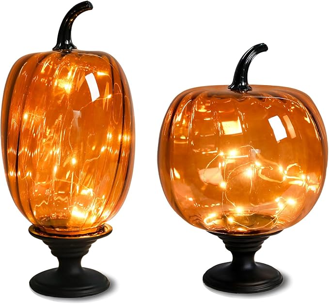 2 Pcs Glass Pumpkin Lights with Pedestal Fall Decor Pumpkins Decoration LED Lighted Collectible Thanksgiving Autumn Harvest Figurine Fall Halloween Decorations for Home Tables Centerpieces Decorative