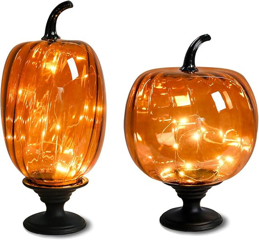 2 Pcs Glass Pumpkin Lights with Pedestal Fall Decor Pumpkins Decoration LED Lighted Collectible Thanksgiving Autumn Harvest Figurine Fall Halloween Decorations for Home Tables Centerpieces Decorative