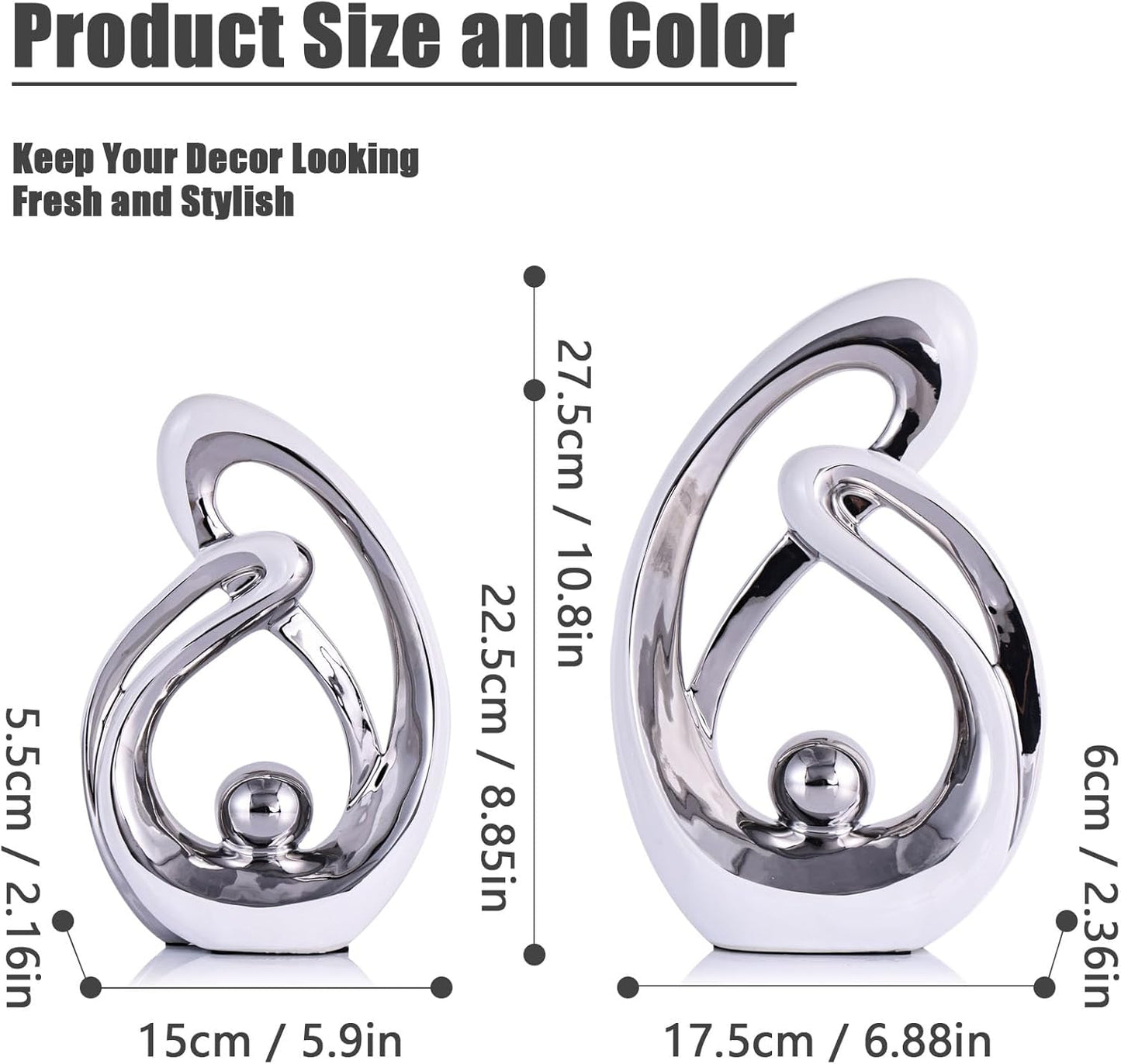 Home Decor Accent,Porcelain Art Mid Century Bookshelf Decorations,Gold Centerpieces for Tables,Abstract Ceramic Statue Sculpture for Coffee Table Mantel Tv Stand Centerpieces (White Silver, Large)