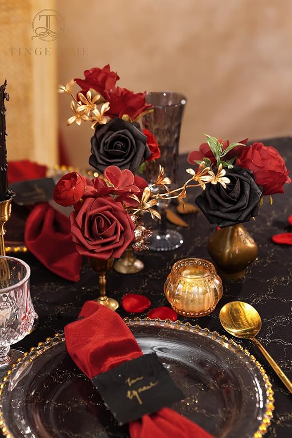 TINGE TIME Fake Flowers Artificial Flowers Peonies Bulbous Chrysanthemum Daisy Hydrangea Sunflower Violets Dahlia Daffodils Epiphyllum Orchid Cherry Blossom Camellia Leyaron (Gothic Black and Red)