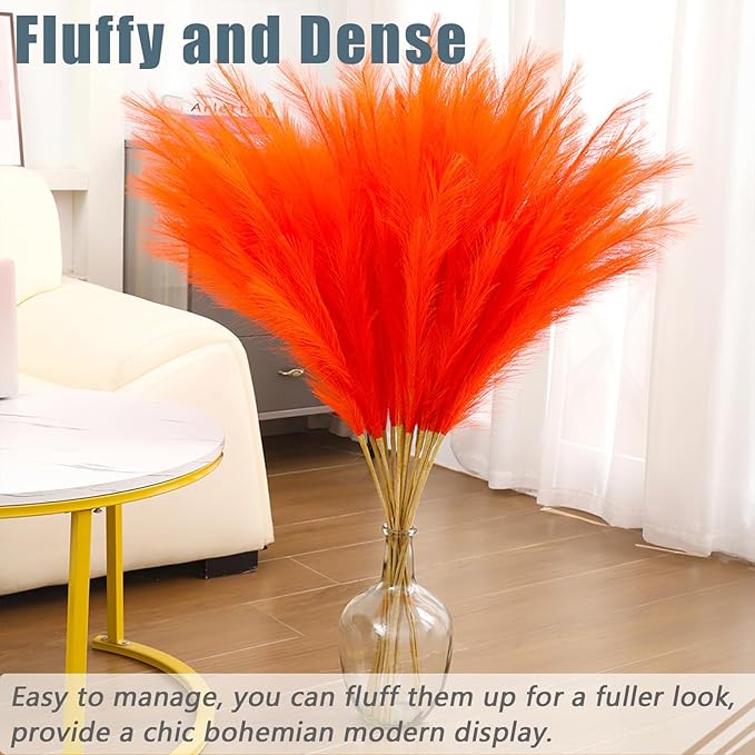 38" 10 Stems Orange Pampas Grass Decor - Tall Faux Pampas Grass for Floor Vase Fluffy Artificial Pampas Grass for Boho Home Wedding Mothers Day Decoration