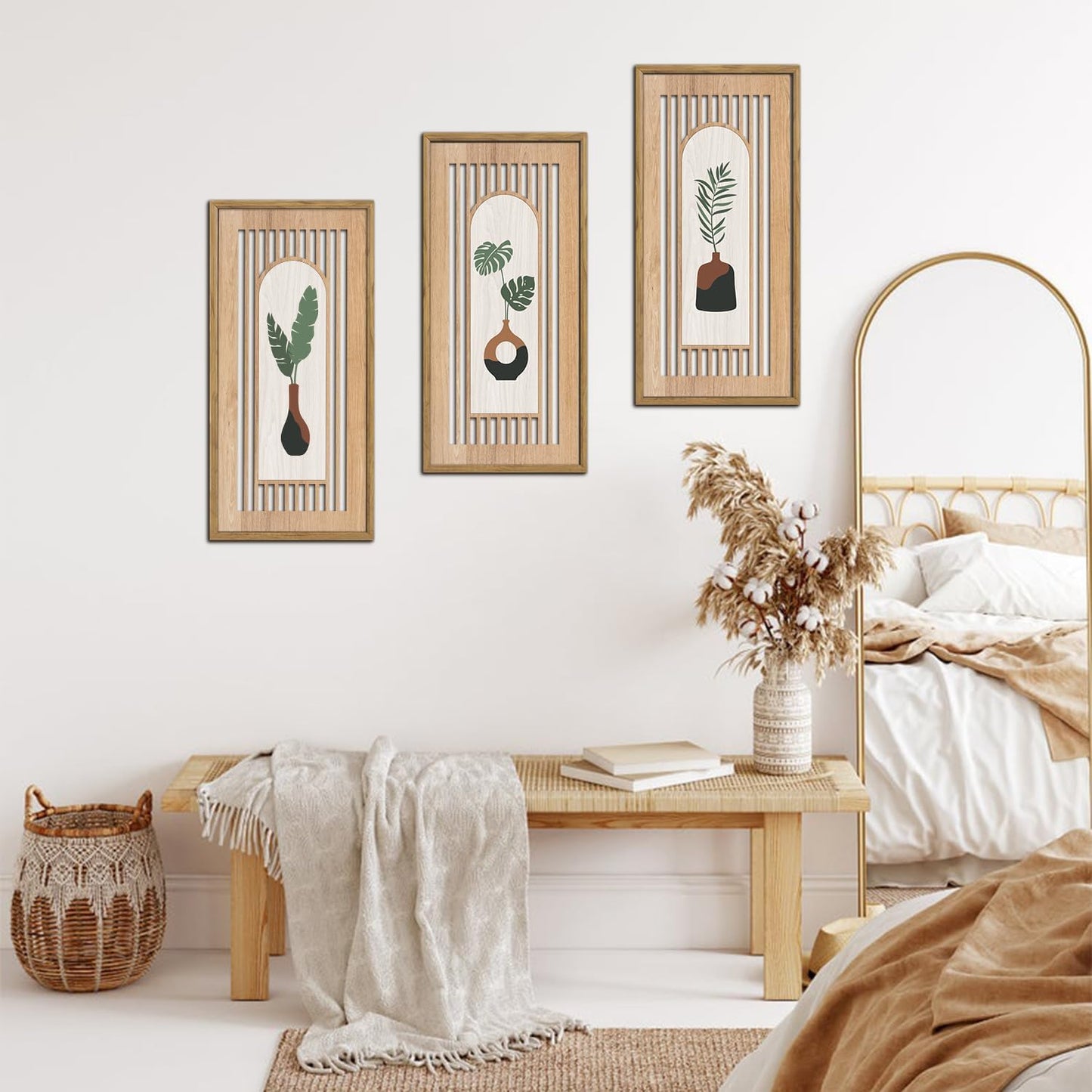 KAIRNE Boho Wooden Wall Art,Abstract Minimalist Wall Art Set of 3(8X16),Modern Aesthetic Botanical Artwork,Green Bohemian Decor,Mid-Century Design for Living Room Bedroom Office Farmhouse Decor,Framed