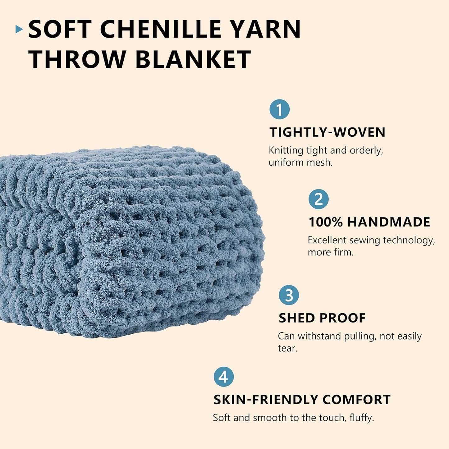 L'AGRATY Chunky Knit Blanket Throw: 60''x80'' Chenille Chunky Knitted Throw Blanket for Bed Couch - Handmade Thick Big Cable Knit Blanket - Large Crochet Rope Blanket for Home Decor(Airy Blue)