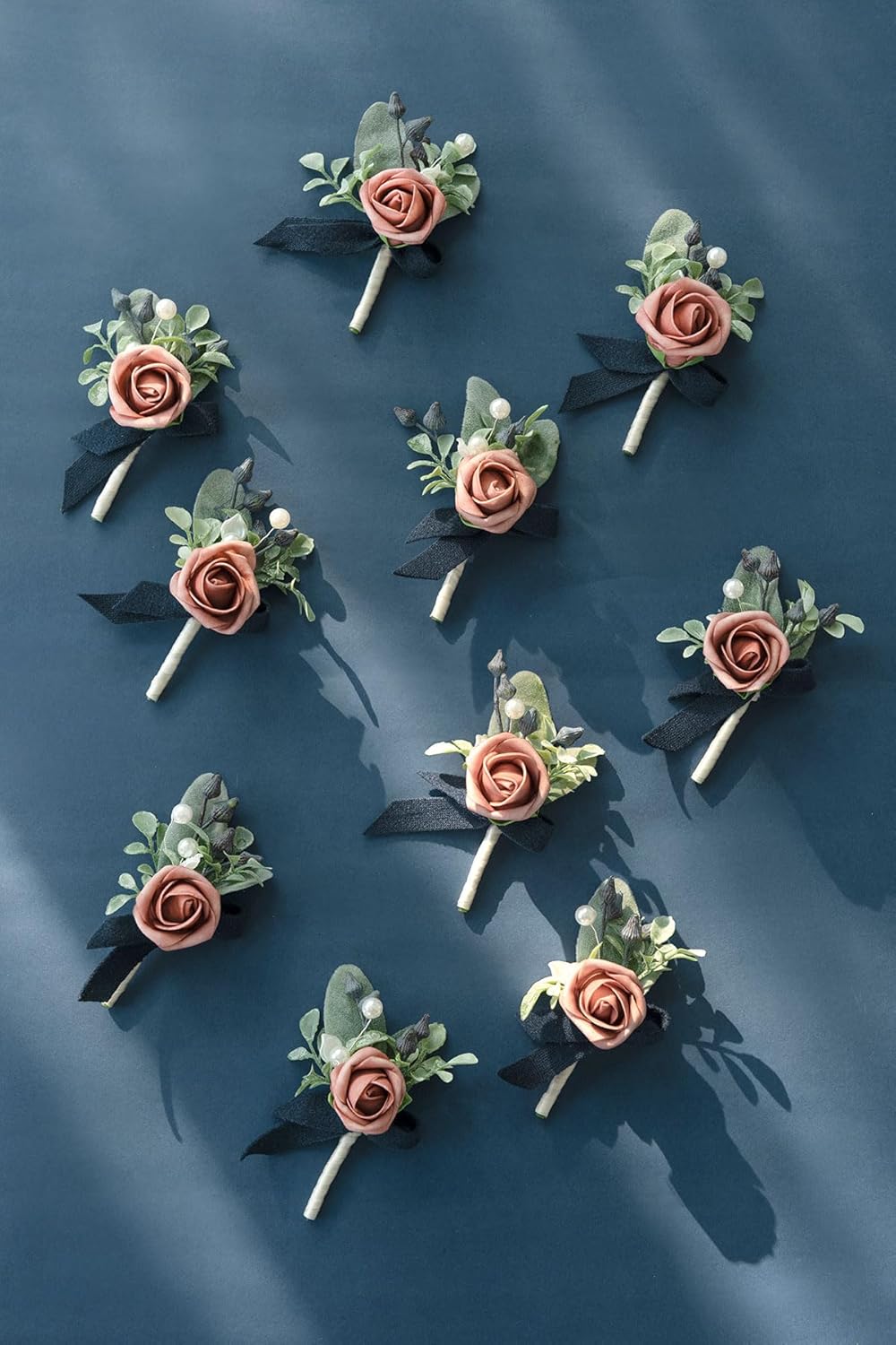 Ling's Moment Boutonniere for Men, 10pcs Groomsmen Guest Boutonniere, Artificial Flowers for Wedding Décor/Prom/Homecoming,etc.Dusty Rose Navy Blue