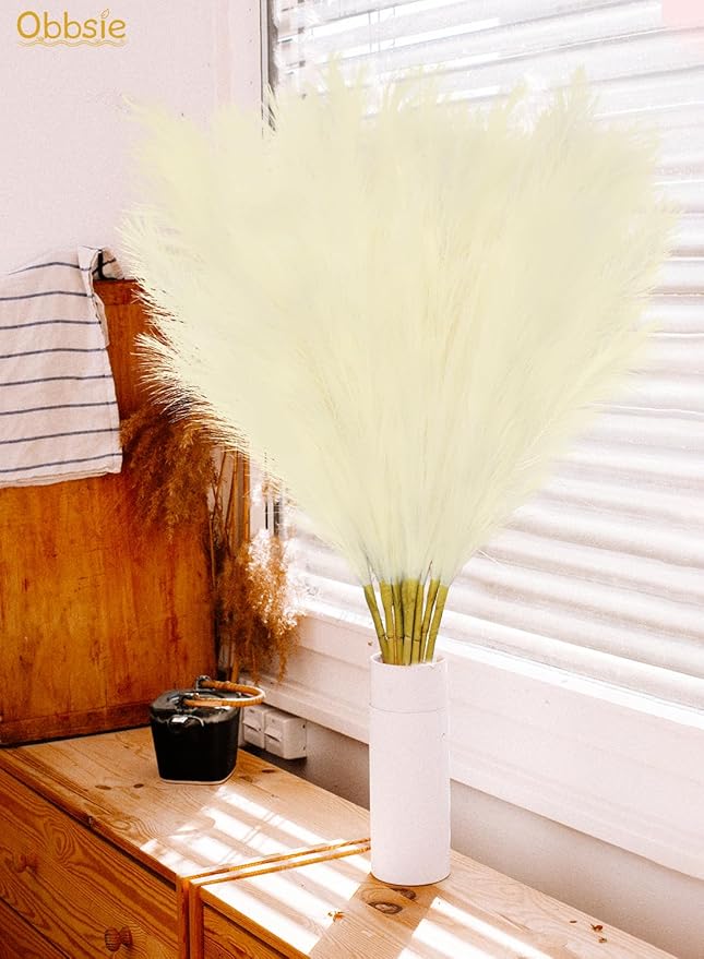 35" Faux Pampas Grass Decor, 8pcs Large Tall Fluffy Artificial Pompous Grass Branches Floral Fake Pompas Grass Bulrush Floor Vase Filler Flower Arrangement for Home Wedding Boho Decor Beige