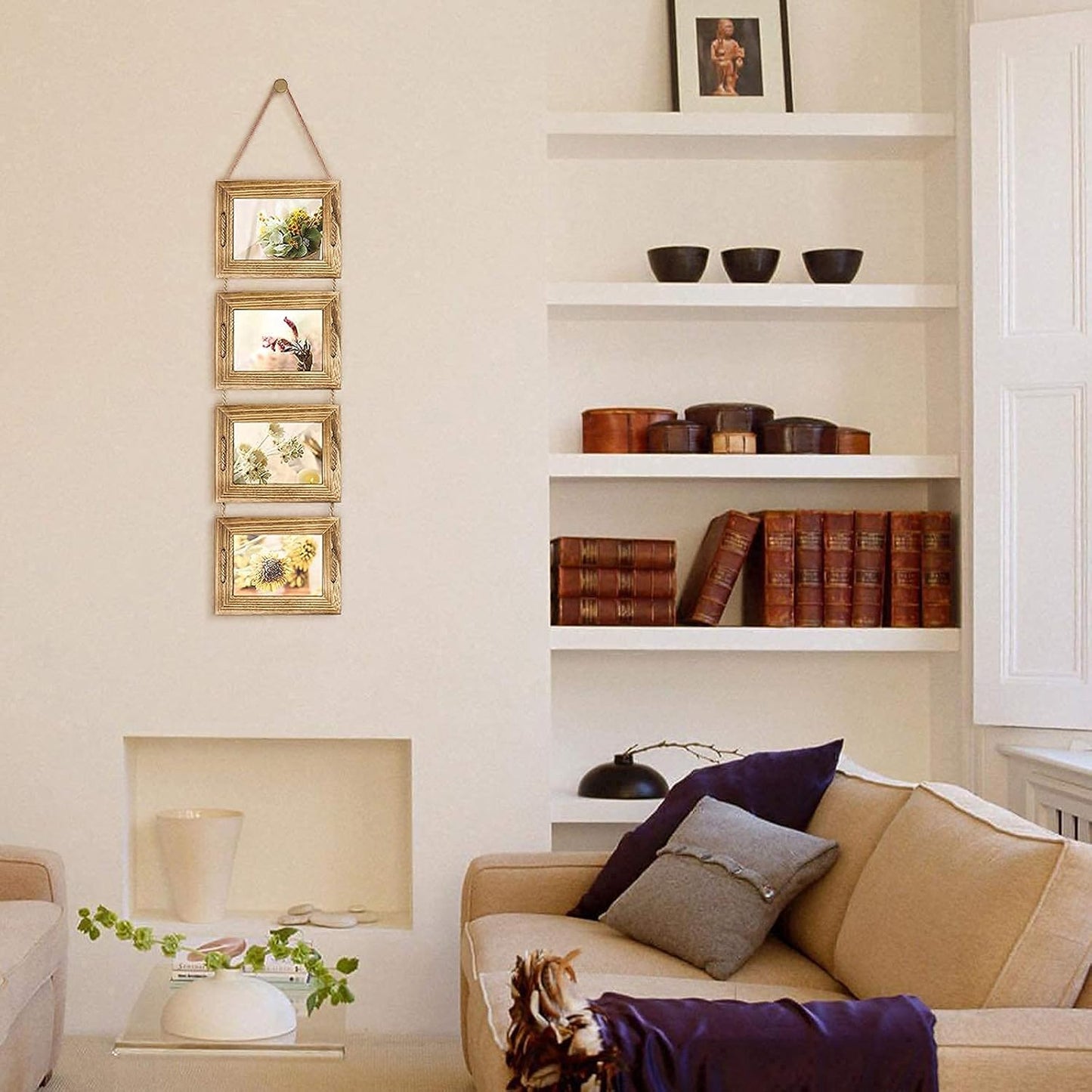 DLQuarts 5x7 Hanging Picture Frames Collage Wall Decor, 4-Opening 5x7 Matted to 3.5x5 Photo Rustic Wood Frame with Hemp Rope, 1 Pack, Carbonized Brown