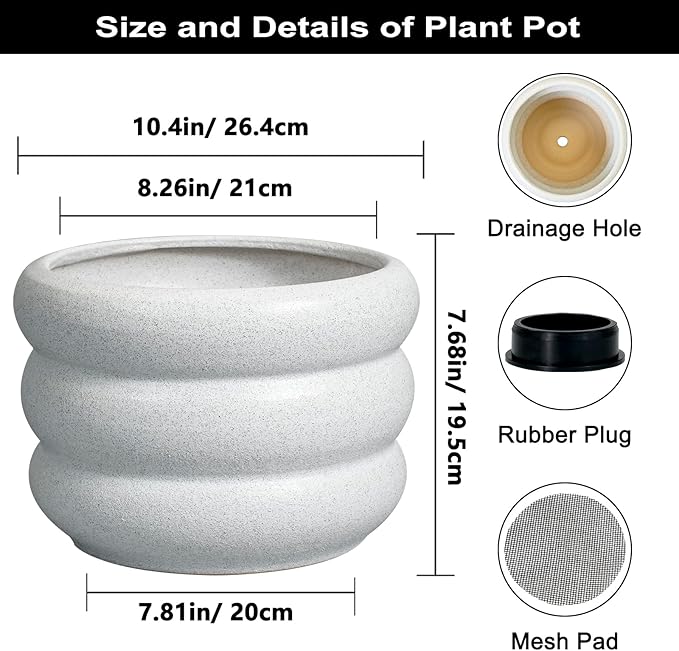 SQOWL Ceramic Planter Pot - 10 Inch Plant Pot with Drainage Hole Large Planter for Indoor Plants Outdoor Flower Pot Decorative Plant Pot for Garden Bathroom Decor White