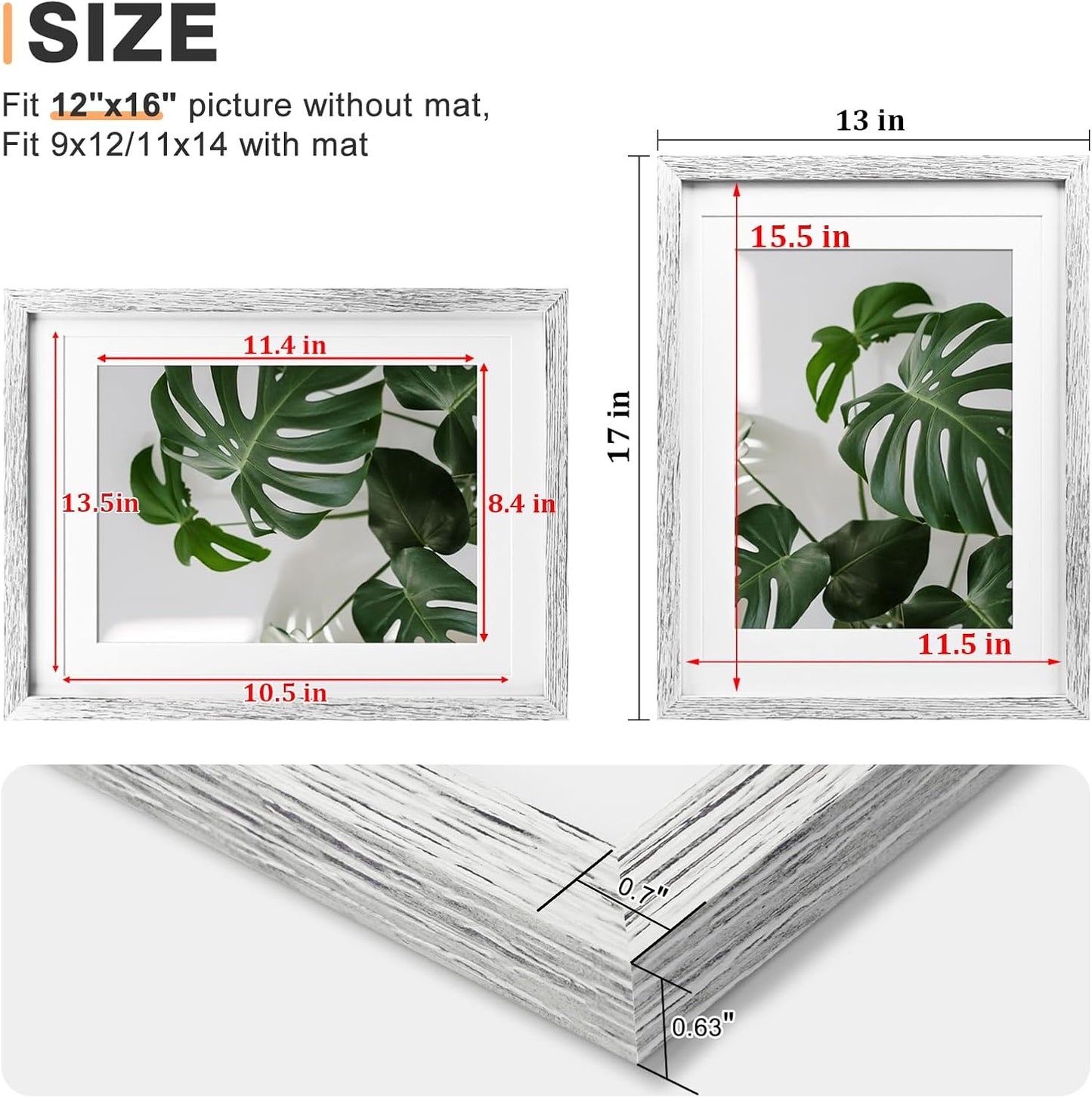 Egofine 12x16 Picture Frames Set of 4, Made of Solid Wood Covered by Plexiglass 9x12 and 11x14 with Mat or 12x16 without Mat, for Wall Mounting Photo Frame Driftwood White