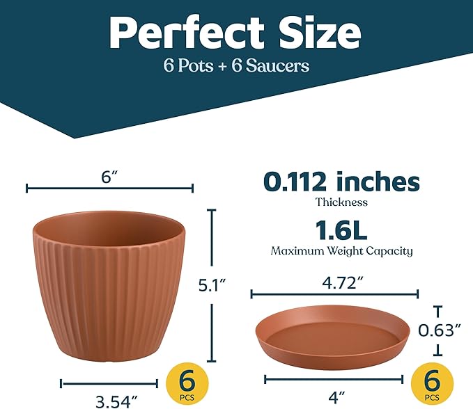Terracotta 6-Inch Plant Pots with Drainage & Saucers 6 Pack, Indoor & Outdoor Planters for Houseplants, Herbs, and Flowers, Durable & Weatherproof Material, Stackable, Lightweight, Minimalist Design