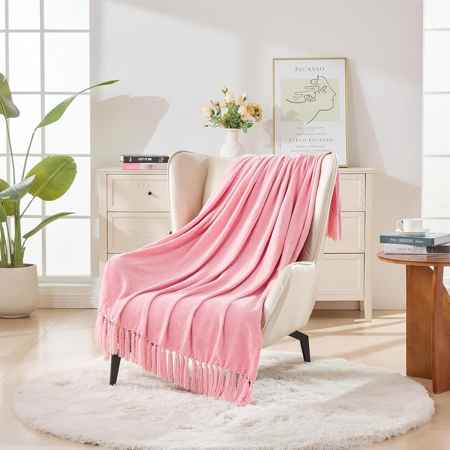 CozeCube Chenille Throw Blanket for Couch, Cozy Plush Fuzzy Decorative Pink Blanket with Fringe Tassels, Lightweight Throws for Bed Sofa Gift Home Decor, 50"X60"