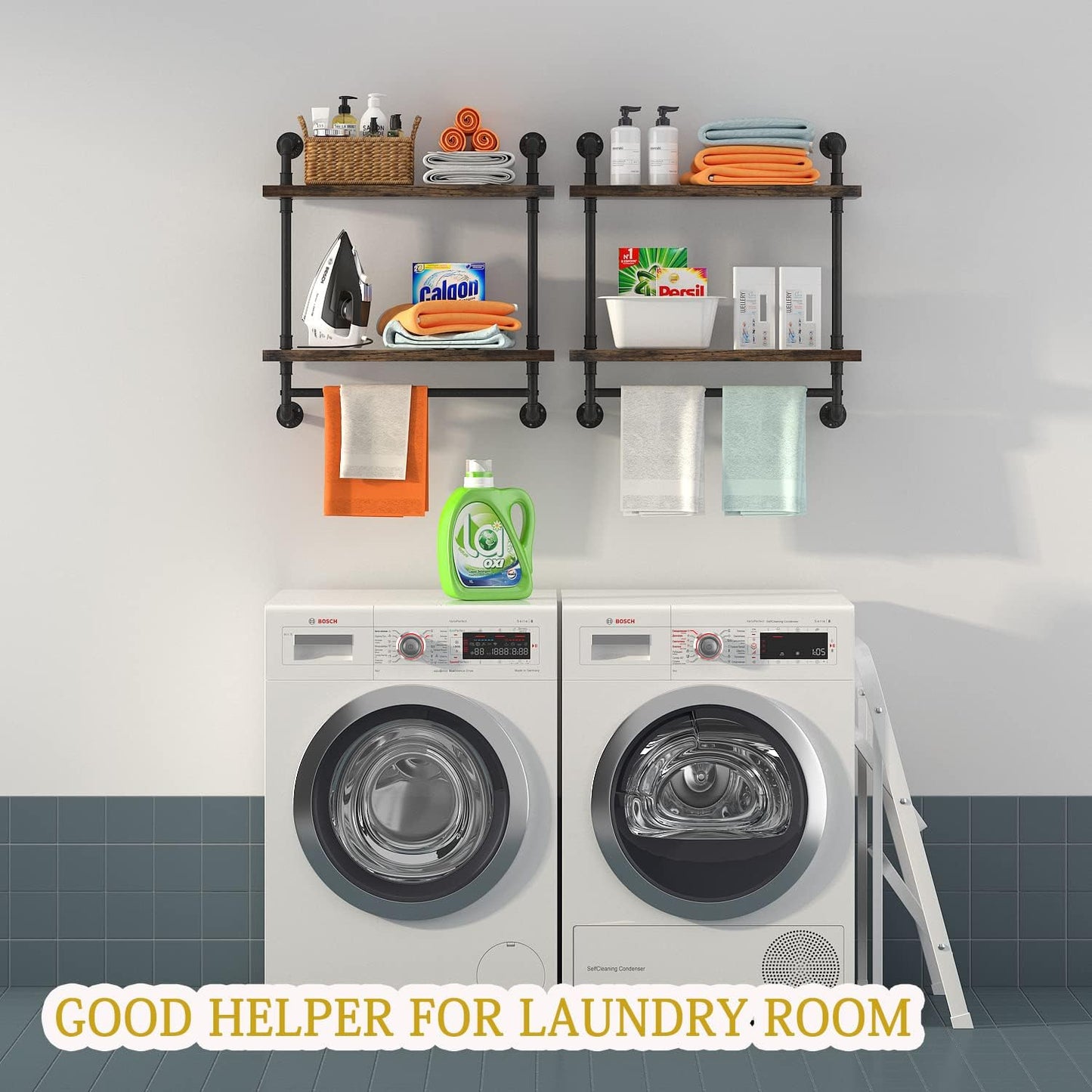 Helsin 24inch Industrial Pipe Shelving Bathroom Shelves Wall Mounted with Towel bar, 2 Tier Rustic Wood Floating Shelf, Metal Towel Rack Wall Shelf for Home & Bathroom (Brown, 24inch)