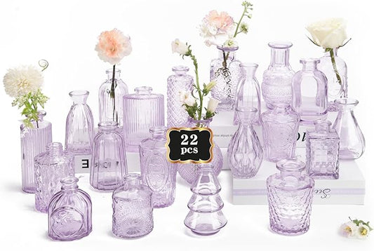 RUCKAE Purple Flower Vase in Bulk 22 Glass Bud Vases Vintage Small Vases for Centerpiece Table Wedding Decorations Home Decor Party (Purple 22 Pack)