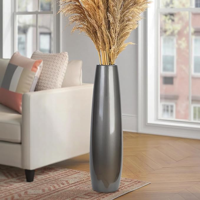 Silvery Ceramic Tall Floor Vase,28 Inch Large Modern Flower Vases for Home Décor,Wicker Big Floor Vase Decorations for Farmhouse, Living Room,Bedroom,Standing Plastic Vase Decorative Tall