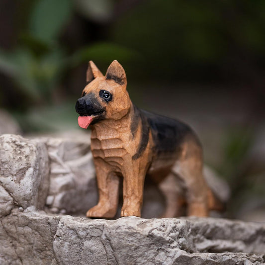 Handmade German Shepherd Dog Figurine - Realistic Wood Carving Statue for Home Decor & Gift - Small Collectible White Cardboard Packaging