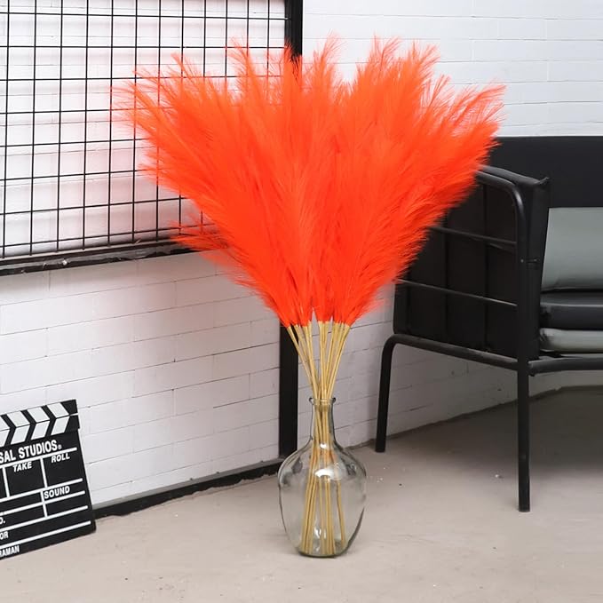 38" 10 Stems Orange Pampas Grass Decor - Tall Faux Pampas Grass for Floor Vase Fluffy Artificial Pampas Grass for Boho Home Wedding Mothers Day Decoration
