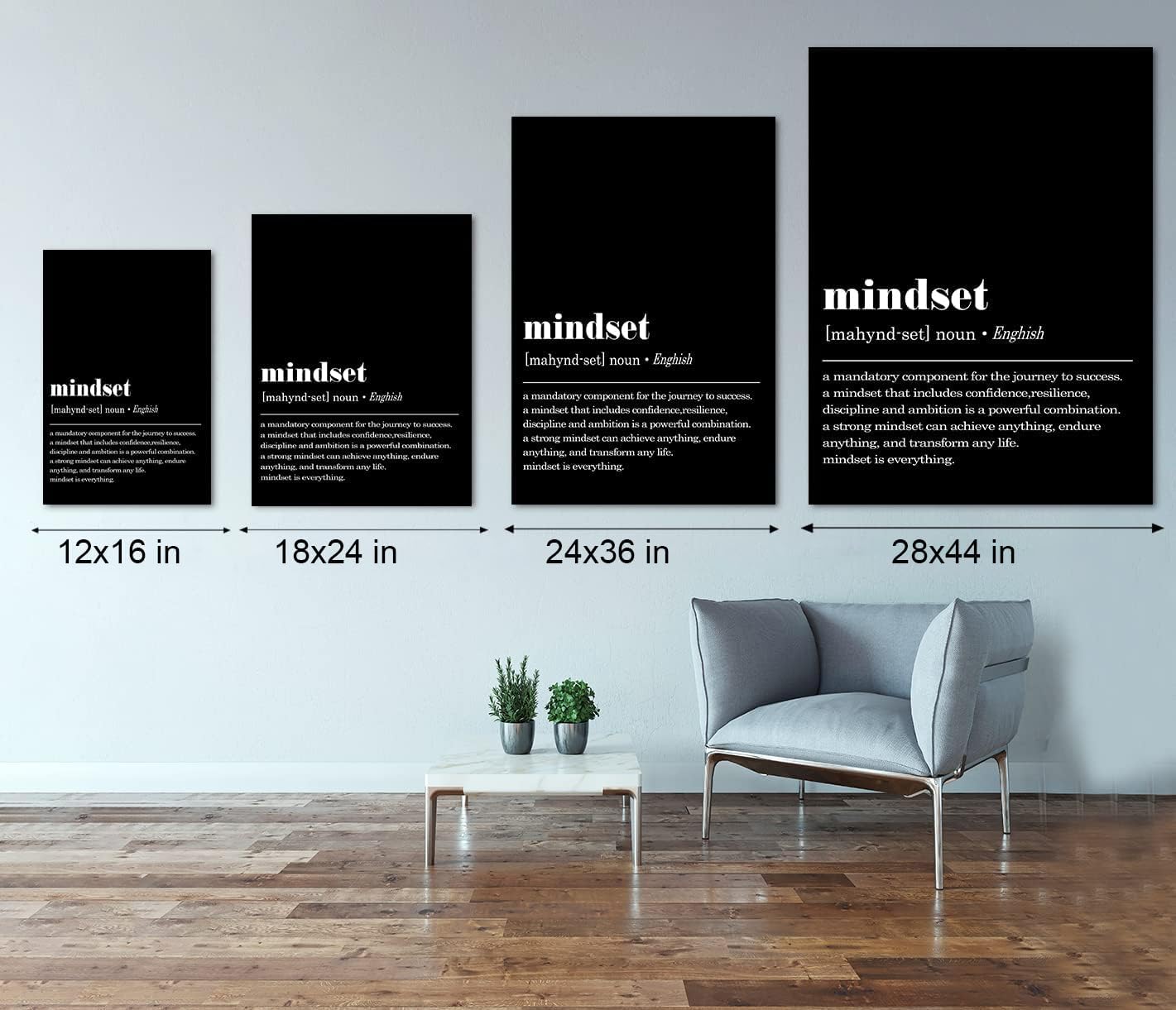 Inspirational Framed Office Home Wall Art with Mindset Verb Artwork Black and White Motivational Gifts for Men Mindset Is Everything Quotes Wall Decor Ready to Hang-12 inch x 18 inch