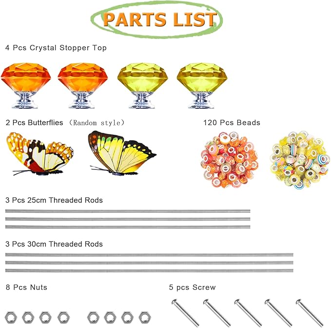 145 PCS Beaded Garden Stakes Kit, DIY Fairy Wand Garden Stake Beads Kits with Assortment Large Hole Beads 4 Crystal Stopper Top 2 Butterfly Tops and Threaded Rods for Outdoor Indoor Decor
