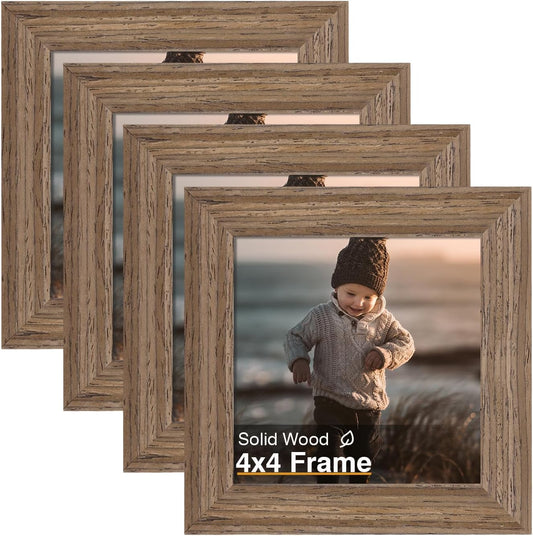 KINLINK 4x4 Picture Frame, Brown Square Solid Wood Frames for Pictures 4x4 without Mat, Wall and Tabletop Display Photo Frames Brown Wood 4 Pack