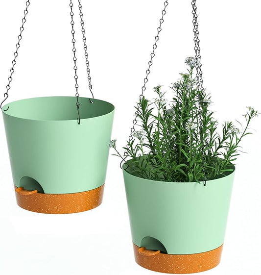 Hanging Planters for Indoor Outdoor Plants, 2 Pack Self Watering Hanging Pot with Drainage Holes and Plant Hangers, Hanging Baskets Flower Pots for Home Garden Decor (Green, 8 inch)