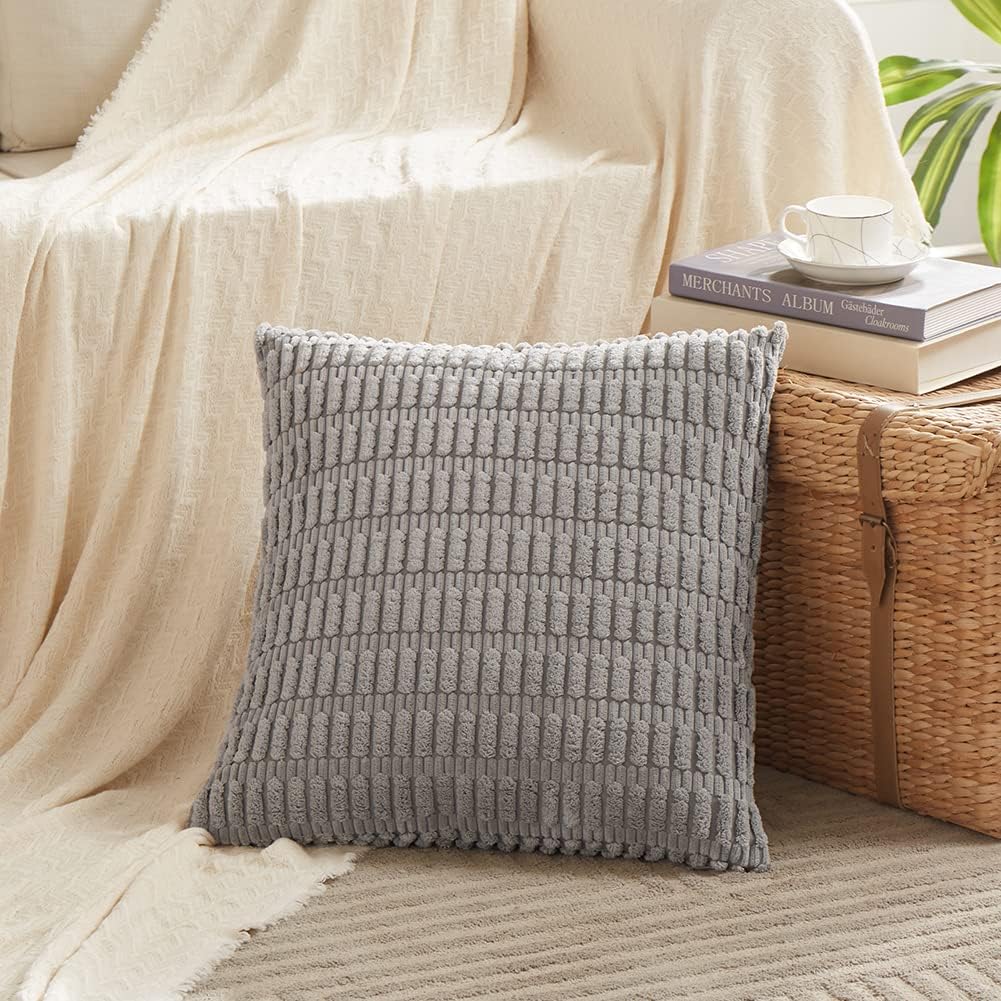 Fancy Homi 4 Packs Grey Decorative Throw Pillow Covers 14x14 Inch for Living Room Couch Bed, Rustic Modern Farmhouse Boho Home Decor, Soft Plush Corduroy Gray Cute Square Accent Cushion Case 35x35 cm
