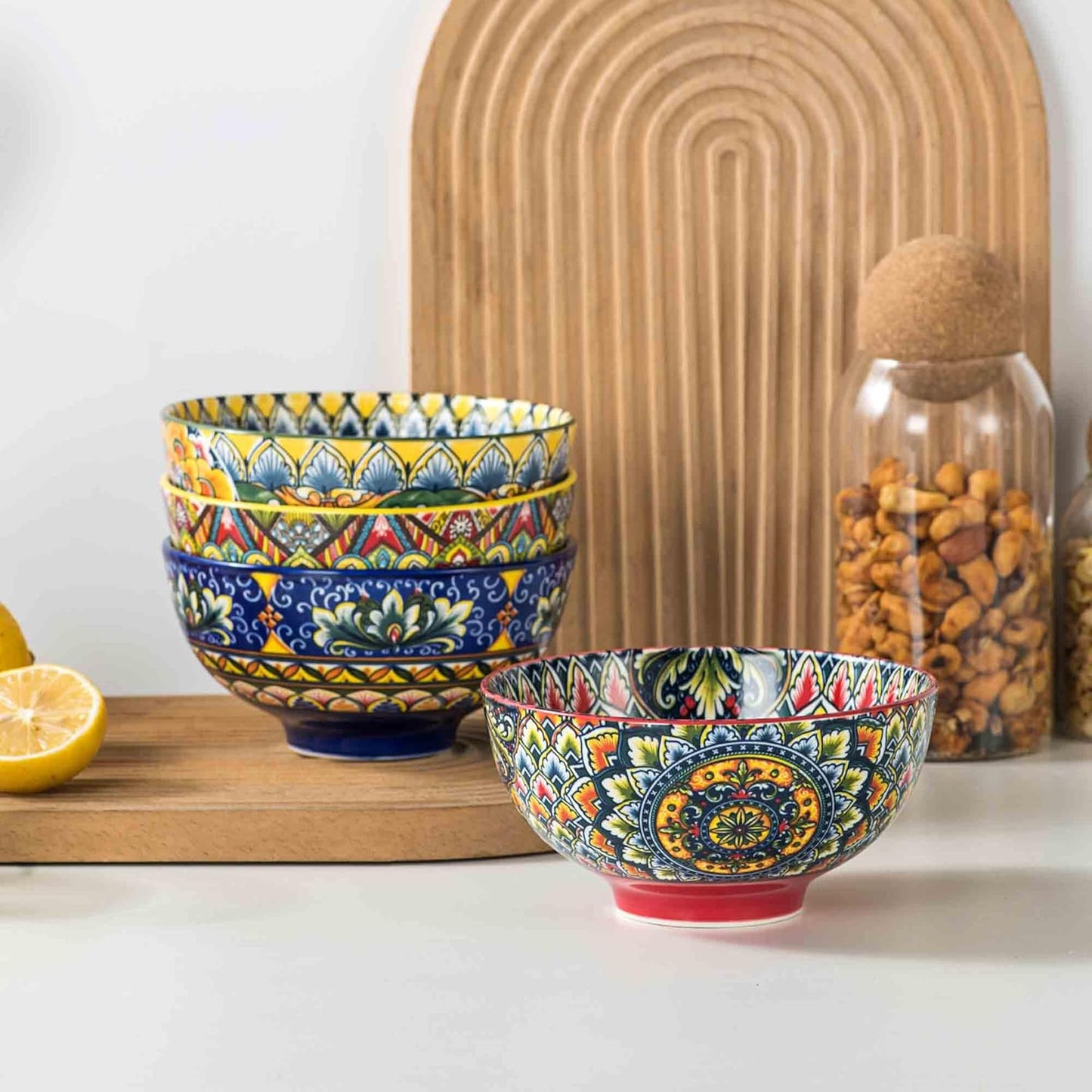 Henten Home Ceramic Soup Bowls Set of 4, Bohemia 23 oz Cereal Bowls Set, Porcelain Serving Bowls for Dinner, Salad, Pasta, Fruit, Decorative, Microwave & Dishwasher Safe