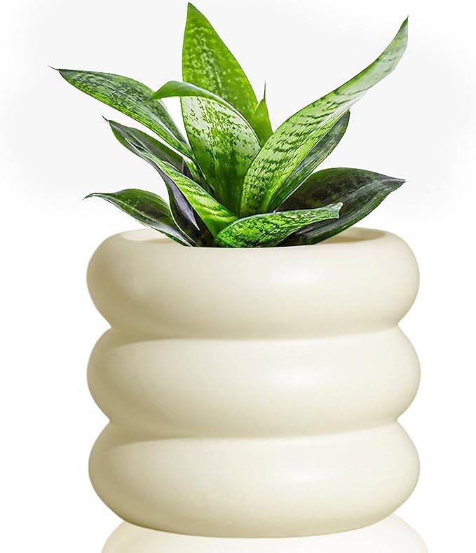 4.7 Inch Modern Plant Pot Beige Ceramic Glaze Succulent Planters for Indoor Unique Pots, Planter with Drainage Holes Small Bubble Porcelain for Herb Snake Plants