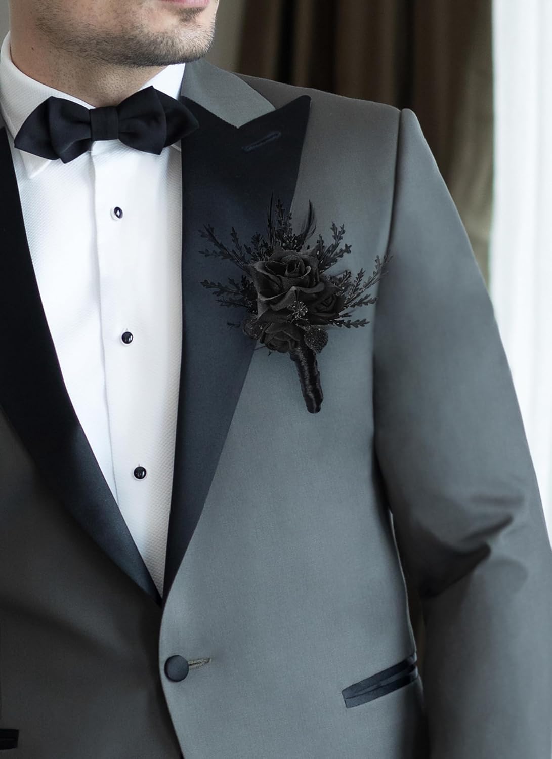 Corsage and Boutonniere Set - Black Wristlet for Men Prom Dark Wrist Corsage for Goth Wedding Ceremony