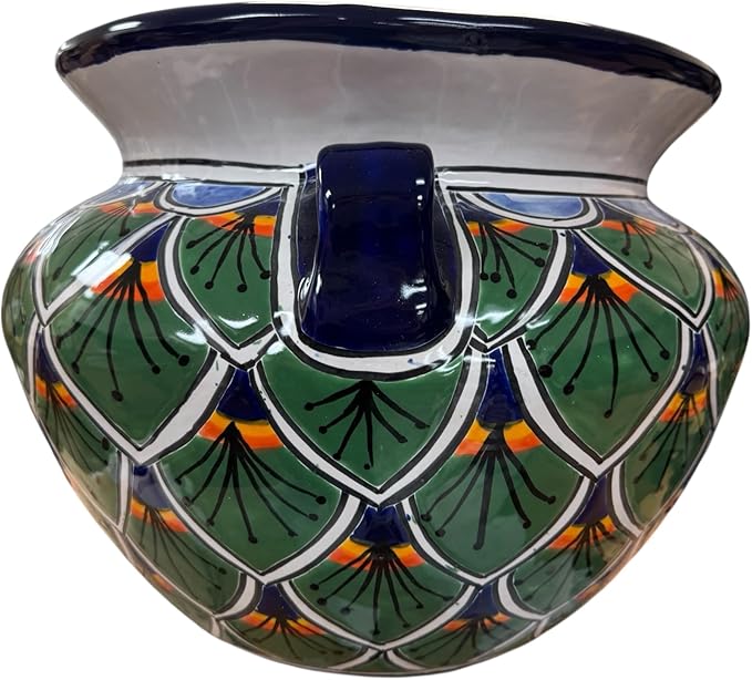 Talavera Michoacana Planter XL Pot Folk Art Multicolor Mexican Pottery Home Decor Hand Painted Garden Indoor Handmade Outdoor 18.5" (Green Multicolor)