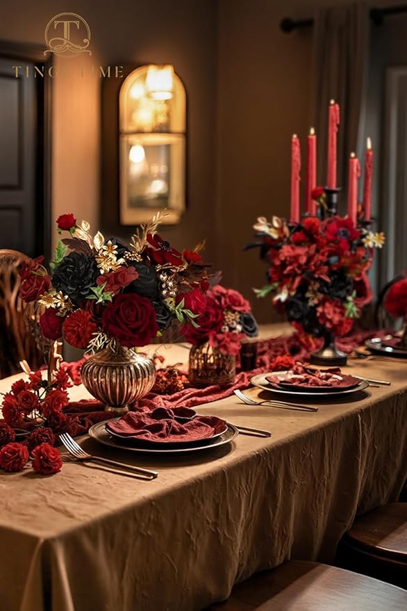 TINGE TIME Fake Flowers Artificial Flowers Peonies Bulbous Chrysanthemum Daisy Hydrangea Sunflower Violets Dahlia Daffodils Epiphyllum Orchid Cherry Blossom Camellia Leyaron (Gothic Black and Red)