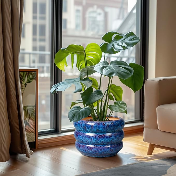 SQOWL Ceramic Pot for Plants - 10 Inch Plant Pot Indoor Outdoor Planter with Drainage Hole Large Flower Pot Decorative Plant Pot for Patio Living Room Decor Blue