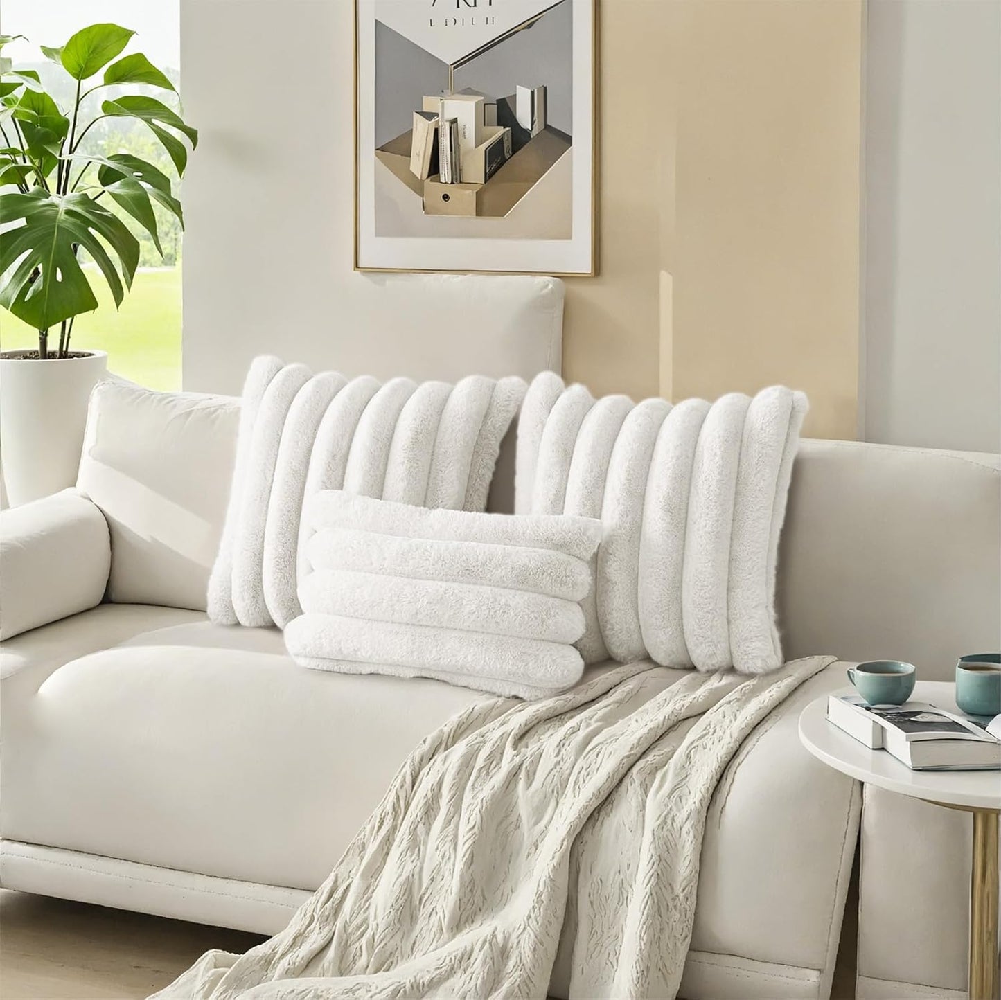 HAUSSY Faux Fur Throw Pillow Covers 24x24 Inch Set of 2,Decorative Striped Neutral Pillow Cases Soft Plush Couch Pillow Covers,Home Decor for Sofa,Bed, Living Room,Cream White