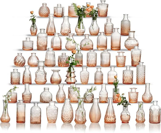 Glass Bud Vase Set of 60 - Small Vases for Flowers in Bulk - Assorted Vintage Crystal Vases for Flowers, Table Centerpieces (Amber, 60 Pcs)