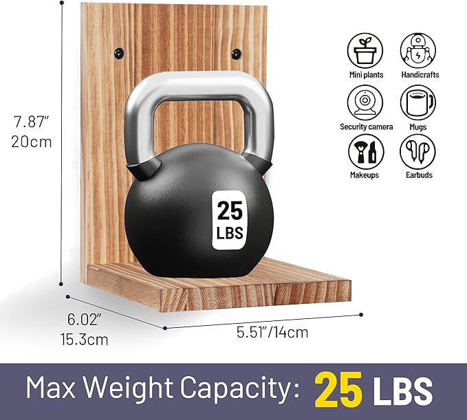 Small Wall Shelf,L-Shaped Small Floating Shelves for Plants Speaker Table Lamp Display,Wooden Ledges Indoor Modern Midcentury Decorative for Gallery Living Room Porch,Pine,2 Pack（Carbonized Brown）