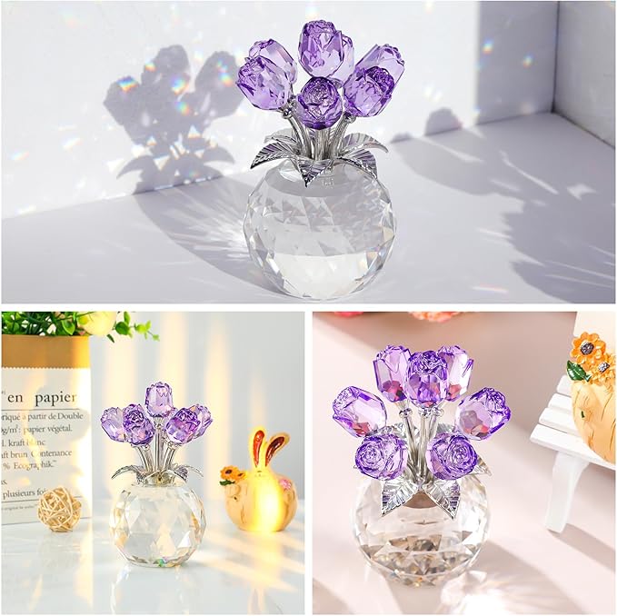 Crystal Rose Figurines Gifts for Women Valentine's Day, Glass Floral Ornament for Mother's Day Birthday Christmas Amethyst Collectible Rose Flowers Anniversary Floral Presents for Her (Purple)