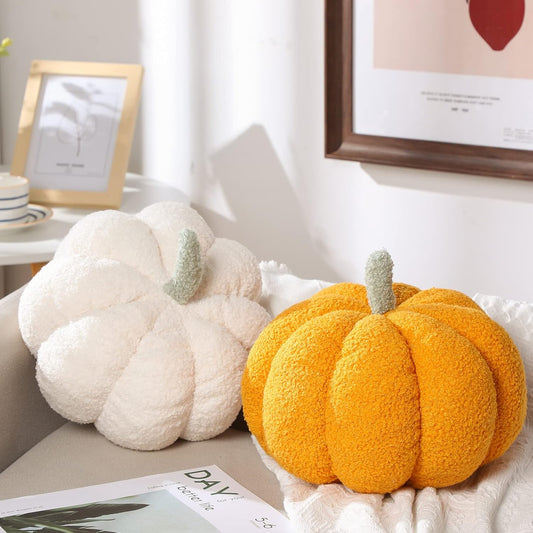 Kajaia 2 Pcs Simulated Pumpkin Pillow Plush 11 x 9.5 Inch 3D Cushion Fall Decorations Stuffed Throw Pillows Toy for Thanksgiving Christmas Halloween Bedroom Sofa Couch Supplies (White,Yellow)