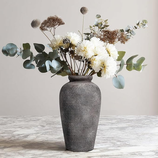 Large Rustic Terracotta Vase, 11 inch Tall Ceramic Flower Vase, Clay Farmhouse Decorative Vases for Flowers, Living Room, Shelf, Entryway, Home Decor, Grey