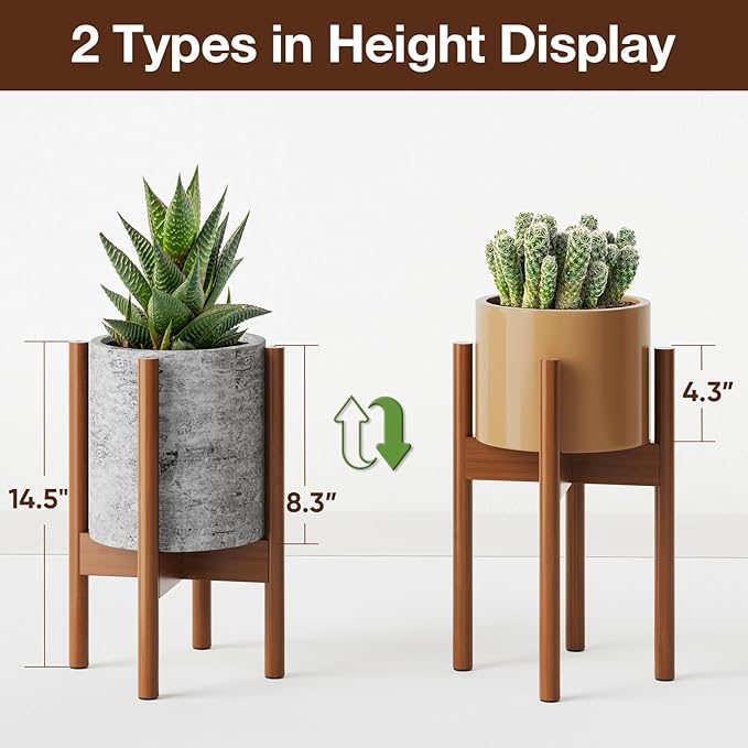 MUDEELA 2 Pack 14.5 Inch Tall Plant Stand for Indoor, Adjustable Width Bamboo Plant Stand for 8 9 10 11 12 Inches Pot, Single Tier Mid Century Modern Planter Holder Floor Stand, Dark Brown, Without Pot