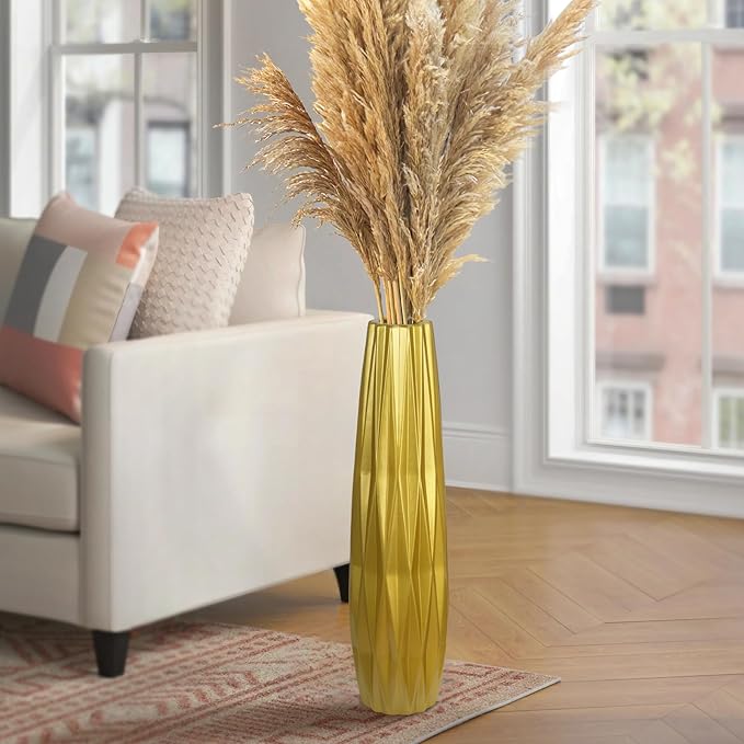 Gold Ceramic Tall Floor Vase,24 Inch Large Modern Flower Vases for Home Décor,Wicker Big Floor Vase Decorations for Farmhouse, Living Room,Bedroom,Standing Plastic Vase Decorative Tall