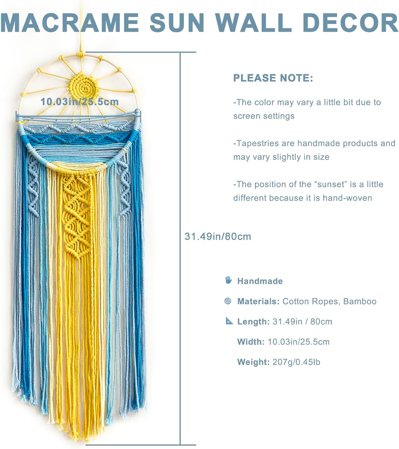 Mcrame Blue Sun Wall Decor Boho Hanging Tapestry Sunburst Wall Art, Rustic Woven Tapestries Big Dream Catcher Sunshine Decor for Bedroom Living Room Nursery (Blue Sunshine)