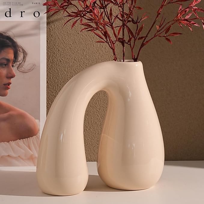 White Ceramic Decorative Pitcher Vase, 7.5 in – Glossy Sculptural Arch-Handle, Modern Home Décor Accent for Fresh or Dried Floral Arrangements, Table/Shelf/Entryway, Giftable