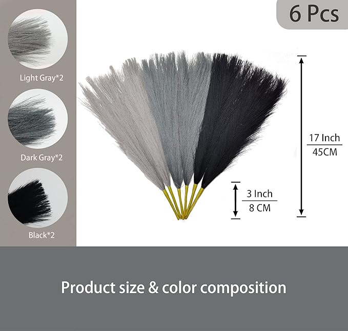 6 Pcs 17" Faux Dried Pampas Grass Decor, Fluffy Fake Small Pompas Artificial Black Grey Gray Pompous Short Stems Bouquet Flower Arrangement Vase Filler for Boho Home Wedding Decoration Orders